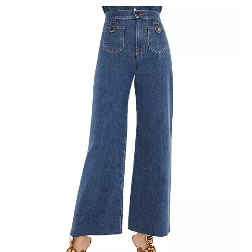 Veronica Beard Grant Cropped Wide-Leg Blue Jeans
